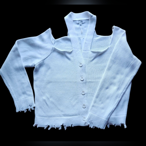 525 America White Distressed Button-Up Cold Shoulder Cardigan Sz L - Picture 1 of 5